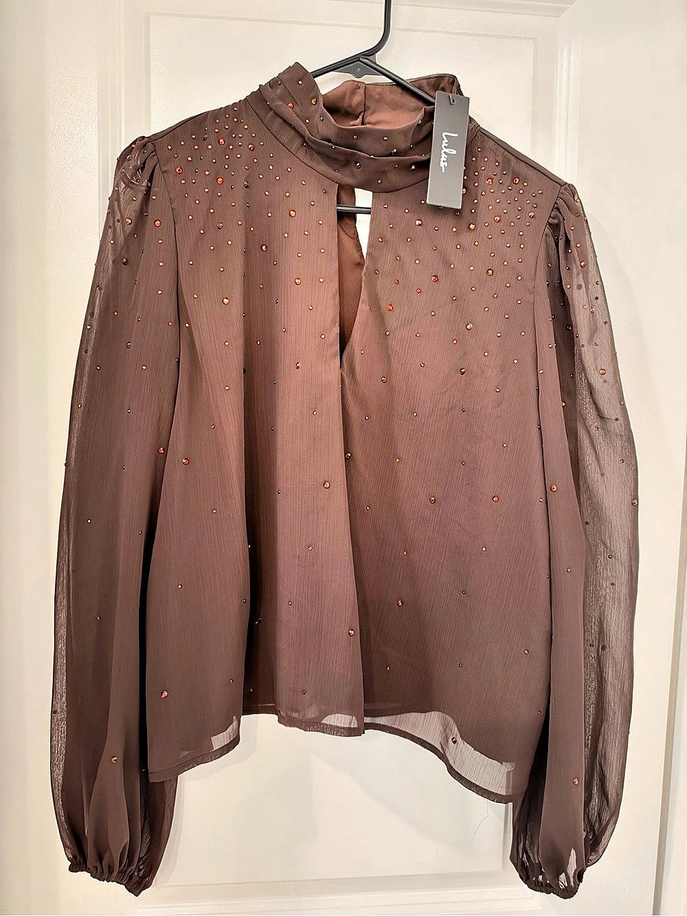 Lulus Brown Rhinestone Dressy Long Sleeve Mock Neck Top Long Sleeve